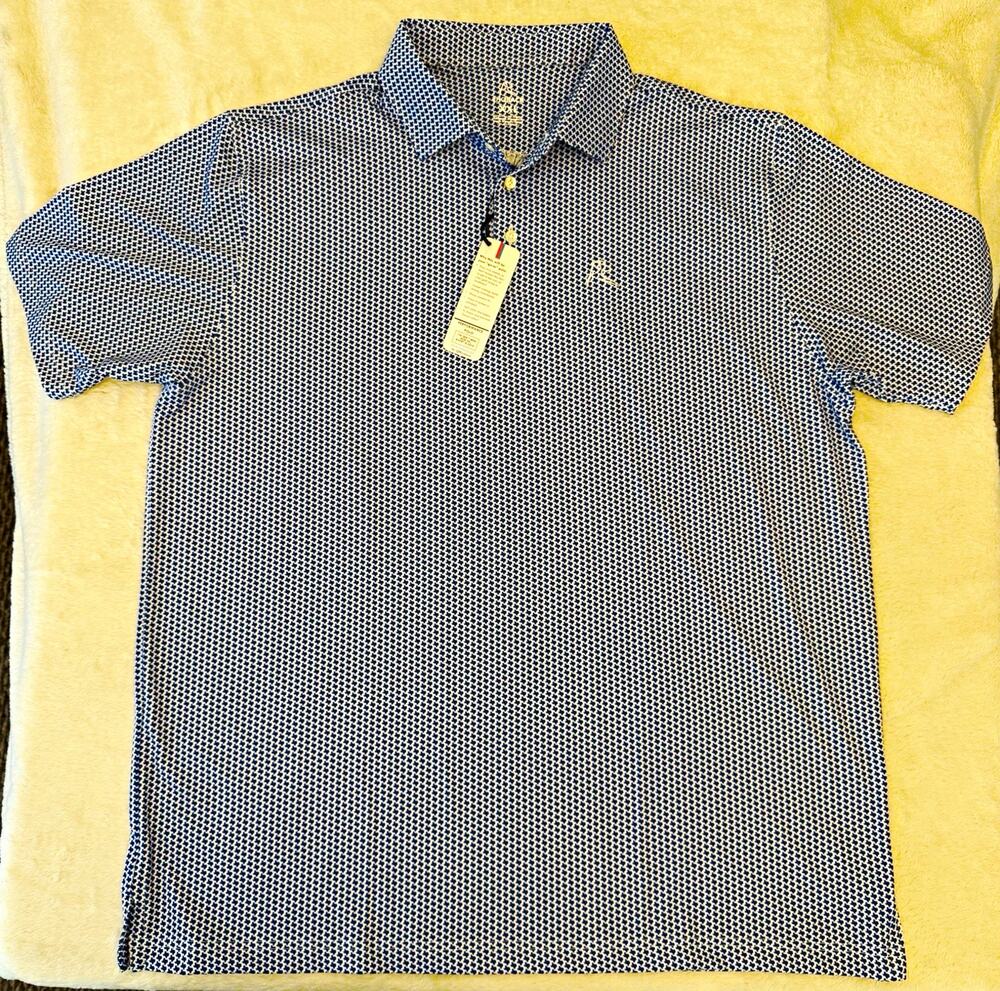 RHOBACK Polo Shirt Men 2XL Blue White Houndstooth Short Sleeve Stretch Logo
